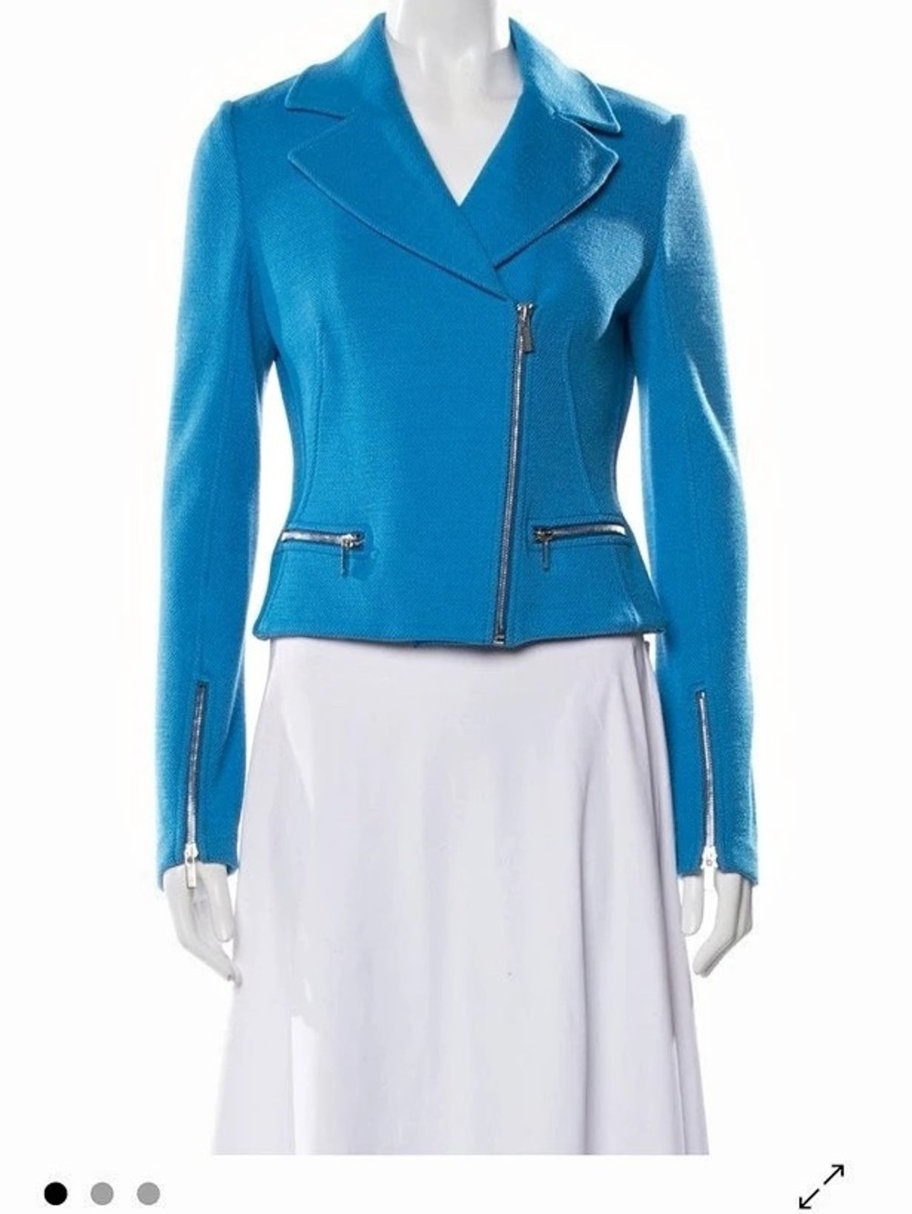 Stand out in this Cerulean Blue St. John Asymmetric Wool-Blend Zip Blazer Jacket